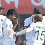 Bangladesh bowler Abu Jayed being greeted by teammates on the second day of the Test Match at the Holkar Cricket Stadium in Indore on Friday, November 15, 2019