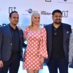Katy Perry, Vikas Agarwal, Tilen Pigac, Devraj Sanyal, and Jacqueline Fernandez at the OnePlus Music Festival press conference in Mumbai.