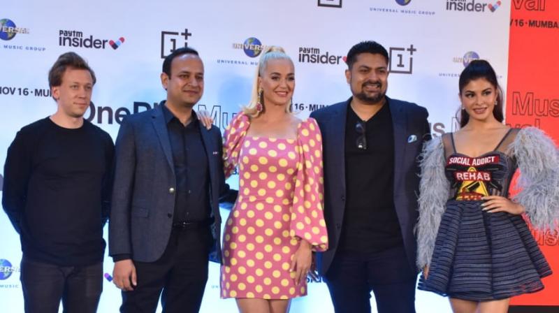 Katy Perry, Vikas Agarwal, Tilen Pigac, Devraj Sanyal, and Jacqueline Fernandez at the OnePlus Music Festival press conference in Mumbai.