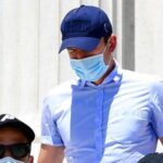Footballer Harry Maguire leaves a court building on the Aegean island of Syros, Greece.