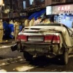 The car which rammed into the footpath outside a restaurant in Mumbai.