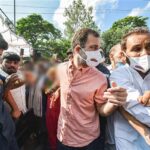 Congress leader Rahul Gandhi arrives to meet the family members of the minor girl who was allegedly raped and then murdered in Delhi Cantt in New Delhi on Wednesday.