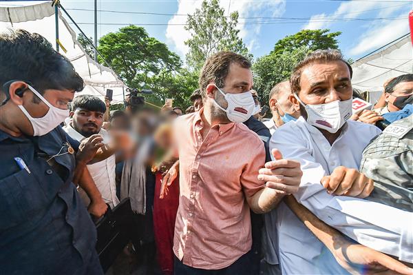 Congress leader Rahul Gandhi arrives to meet the family members of the minor girl who was allegedly raped and then murdered in Delhi Cantt in New Delhi on Wednesday.