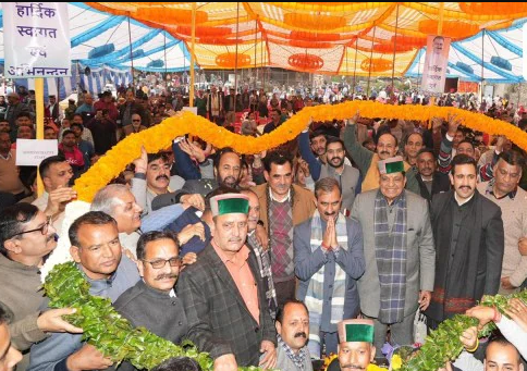 CM Sukhvinder Singh Sukhu (centre), health minister Dhani Ram Shandil and PWD minister Vikramaditya Singh (both left of Sukhu) at a function in Solan district on Sunday.