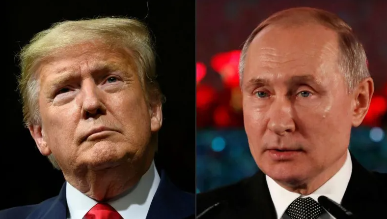 Side-by-side portraits of Donald Trump and Vladimir Putin during separate public appearances.